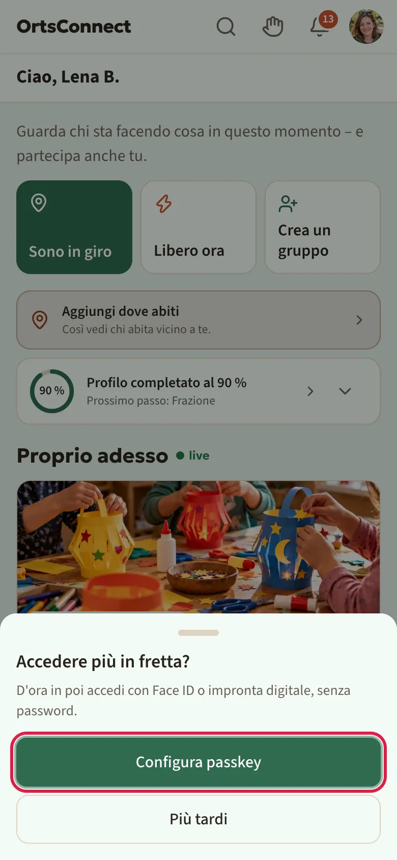 finestra «Accedere più in fretta?» sopra la pagina iniziale, con i pulsanti «Configura passkey» (evidenziato) e «Più tardi»
