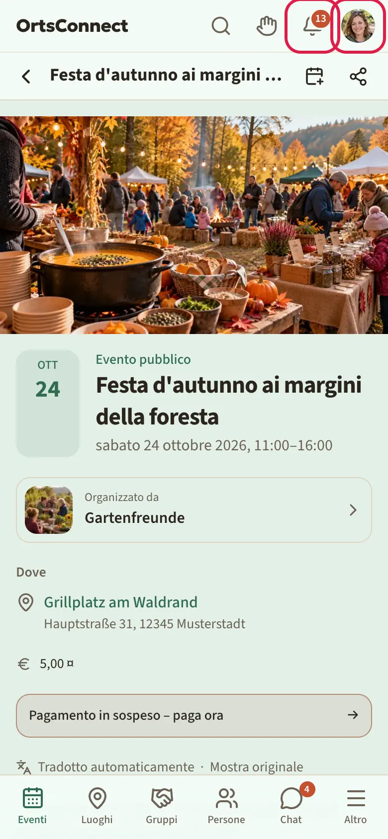 barra superiore di una pagina evento: logo a sinistra, lente, campanella con il numero 3, cerchio dell'avatar a destra; sotto l'intestazione con freccia indietro, titolo e i simboli per condividere e altre azioni; logo, campanella e avatar evidenziati