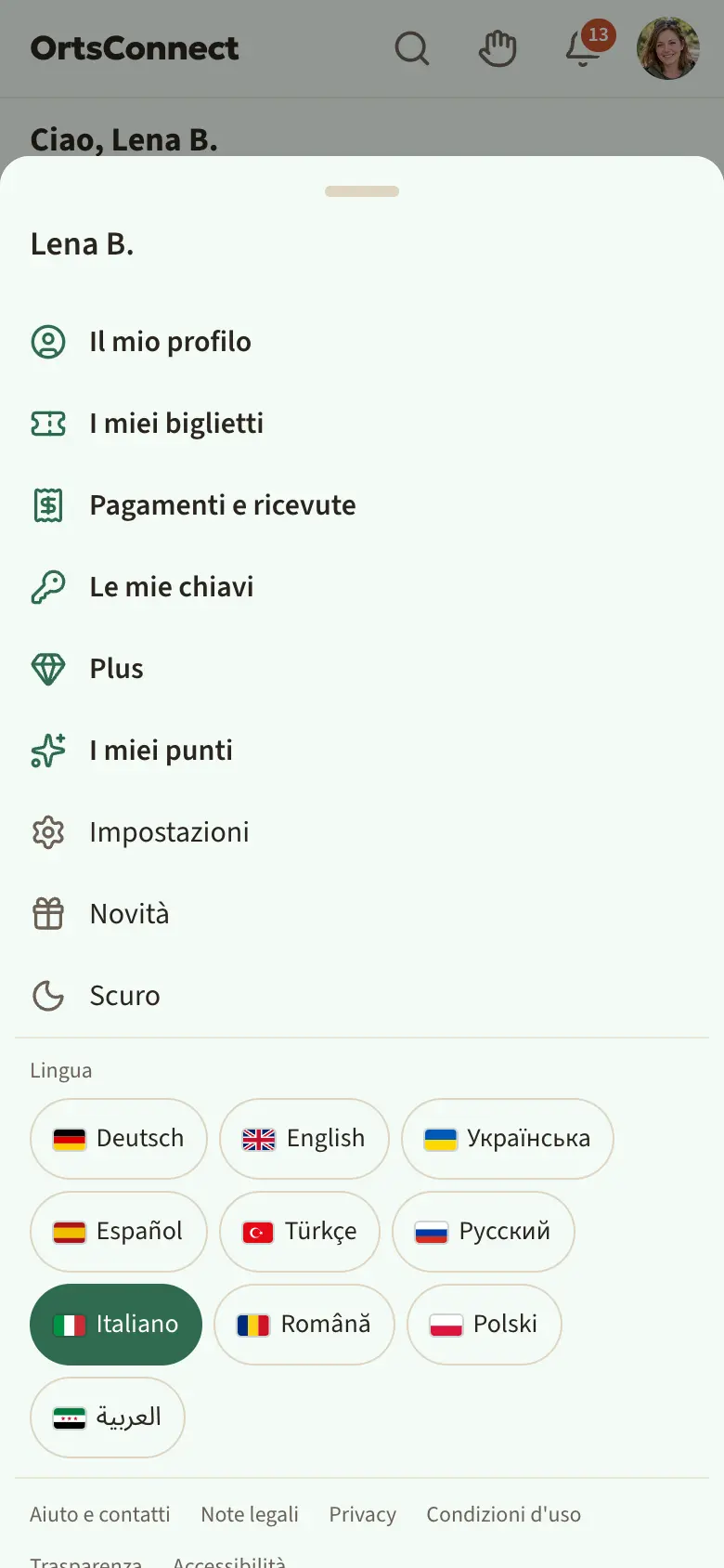 menu dell'avatar aperto con il nome in alto, sotto Il mio profilo, I miei biglietti, Pagamenti e ricevute, poi Impostazioni, Novità, Scuro, la riga con i testi legali ed Esci (in rosso)