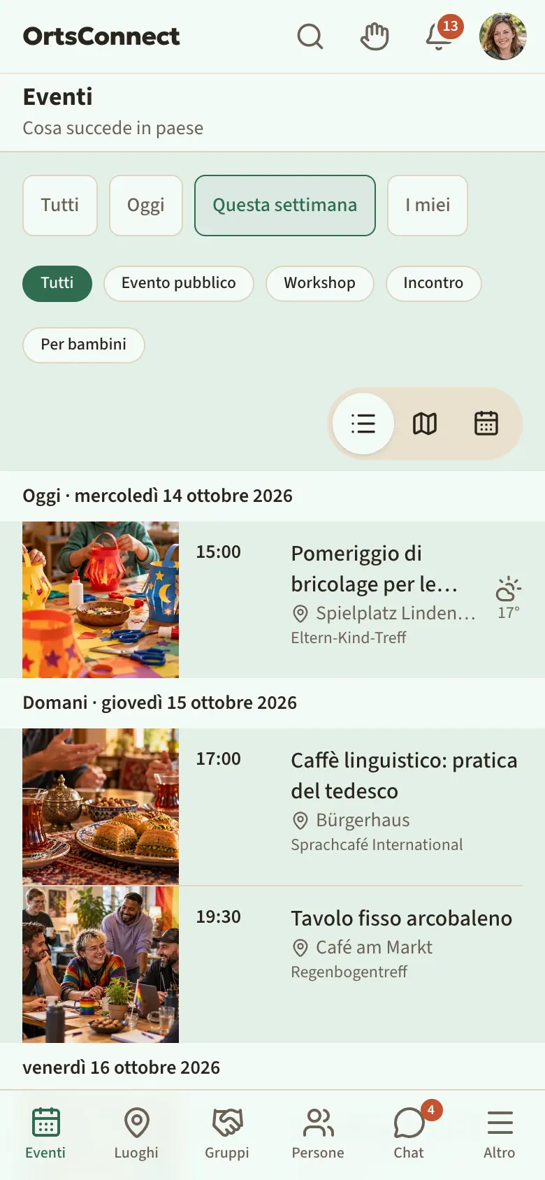 Sezione «Eventi» con i pulsanti di scelta Tutti, Oggi, Questa settimana, I miei; sotto Evento pubblico, Workshop, Incontro, Per bambini; «Questa settimana» è selezionato; sotto un elenco di eventi con il titolo «Oggi»
