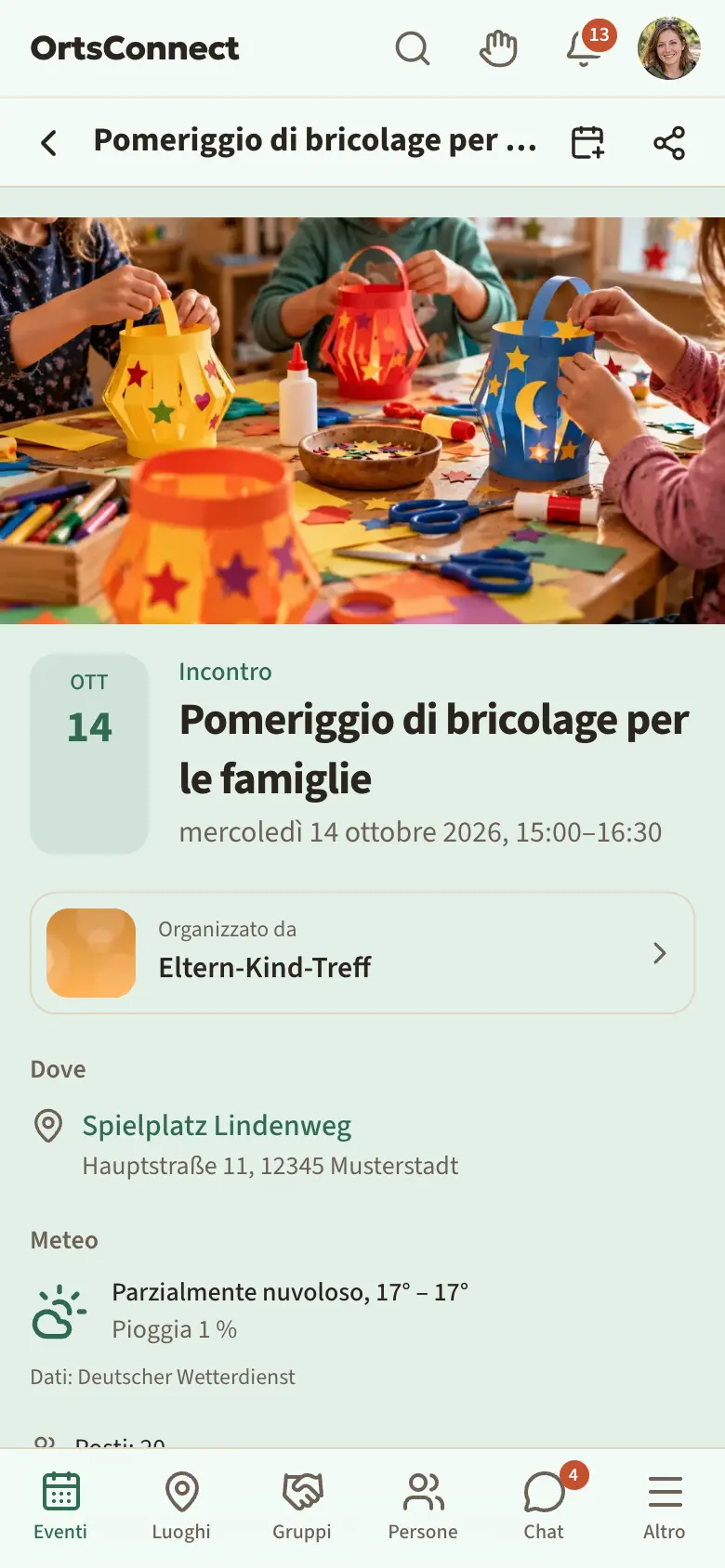 Pagina dell'evento con titolo, data, luogo e il riquadro «12 posti occupati su 20», al suo interno il pulsante «Partecipo» evidenziato