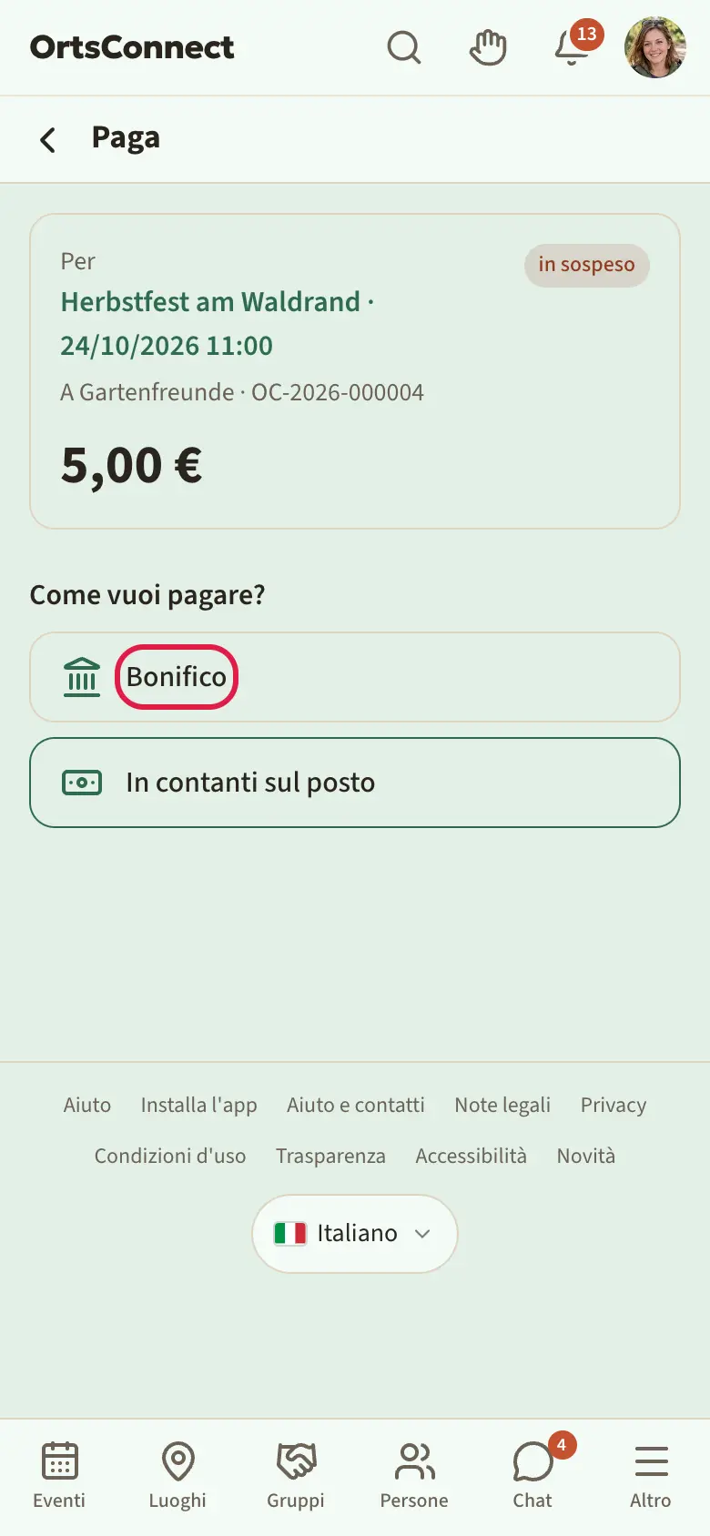 Pagina «Paga» con «Come vuoi pagare?» e le tre opzioni In contanti sul posto, Bonifico, PayPal; «Bonifico» è evidenziato