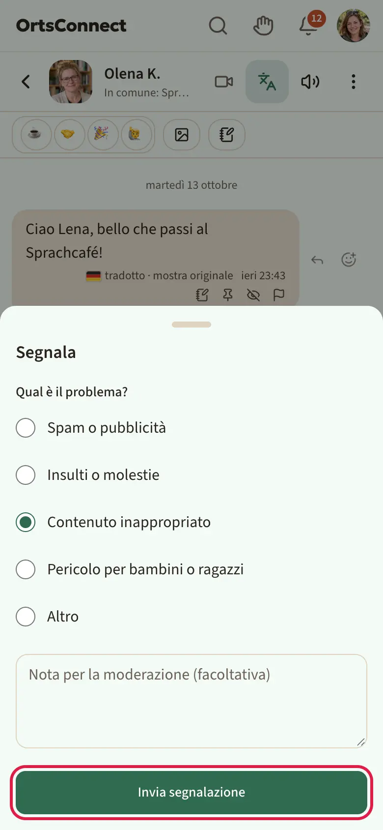 finestra «Segnala» aperta con i cinque motivi come opzioni (Contenuto inappropriato selezionato), sotto il campo per la nota e il pulsante «Invia segnalazione» evidenziato
