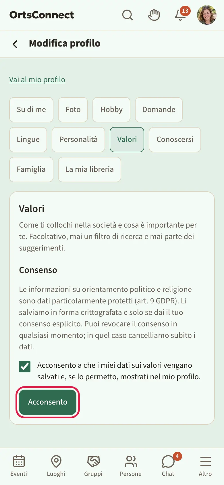Scheda «Valori» prima del consenso: titolo «Consenso», testo esplicativo sull'art. 9 GDPR, spunta messa su «Acconsento …» e il pulsante «Acconsento» evidenziato