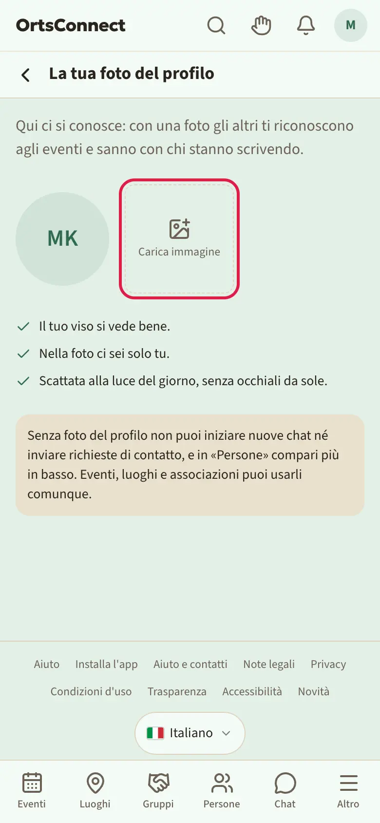 Pagina «La tua foto del profilo» con immagine vuota, campo «Carica immagine» evidenziato, sotto i tre consigli e l'avviso su cosa non si può fare senza foto