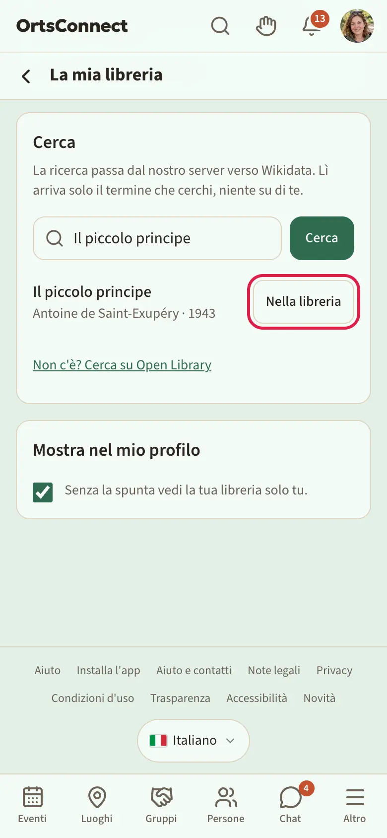 La mia libreria sul telefono: in alto le categorie Libri, Film e serie, Giochi da tavolo, Musica; sotto la scheda con le proprie voci e l'indicazione; sotto la ricerca con i risultati e il pulsante «Nella libreria» evidenziato