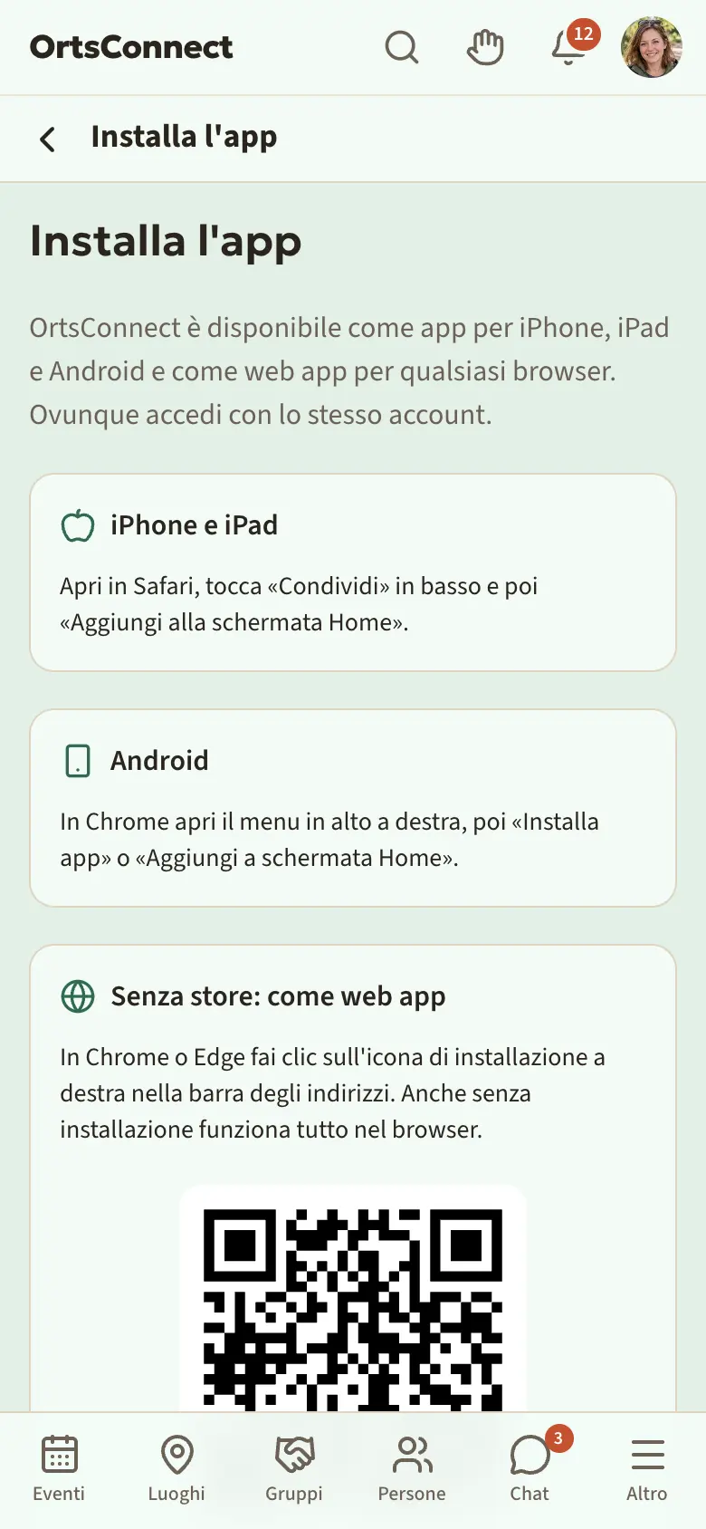 Pagina «Installa l'app» (/de/app-installieren) sullo smartphone: in alto il testo introduttivo, sotto «Per il tuo dispositivo» con i pulsanti degli store o le istruzioni, sotto «Senza store: come web app»