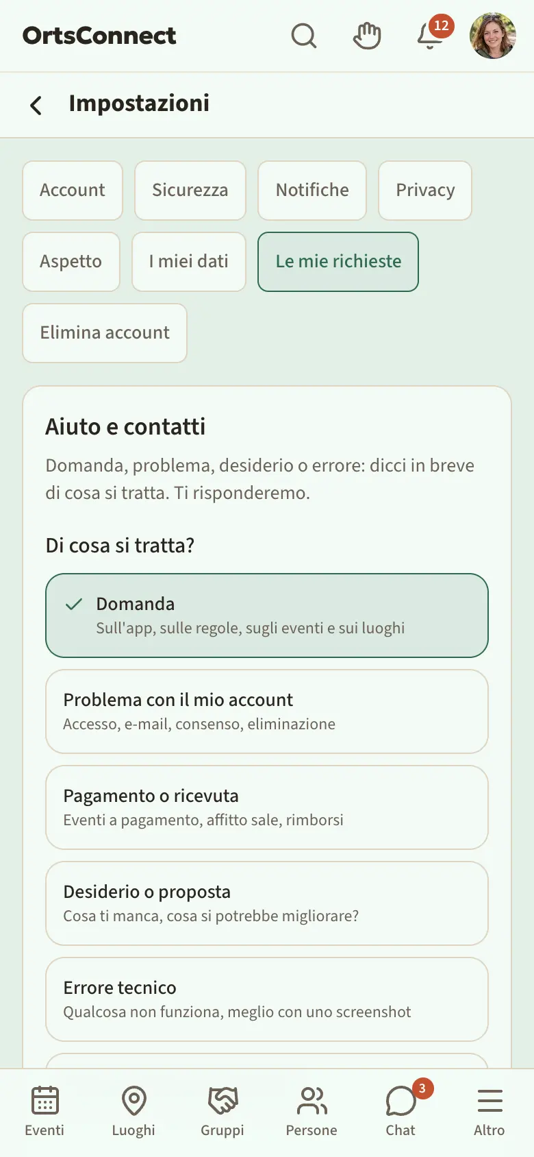 pagina «Aiuto e contatti» (/de/kontakt) sul telefono, con accesso effettuato: «Di cosa si tratta?» con i sei motivi (Domanda selezionata), il campo «Il tuo messaggio» e il pulsante «Invia» evidenziato