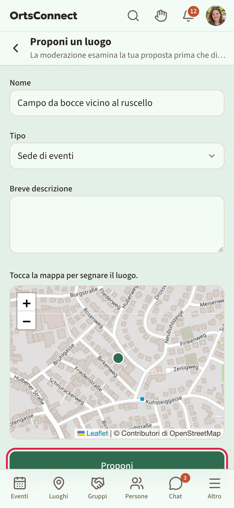 Pagina «Proponi un luogo» compilata, mappa con il segnaposto impostato, campo «Per l'organizzazione» e pulsante «Proponi» evidenziati
