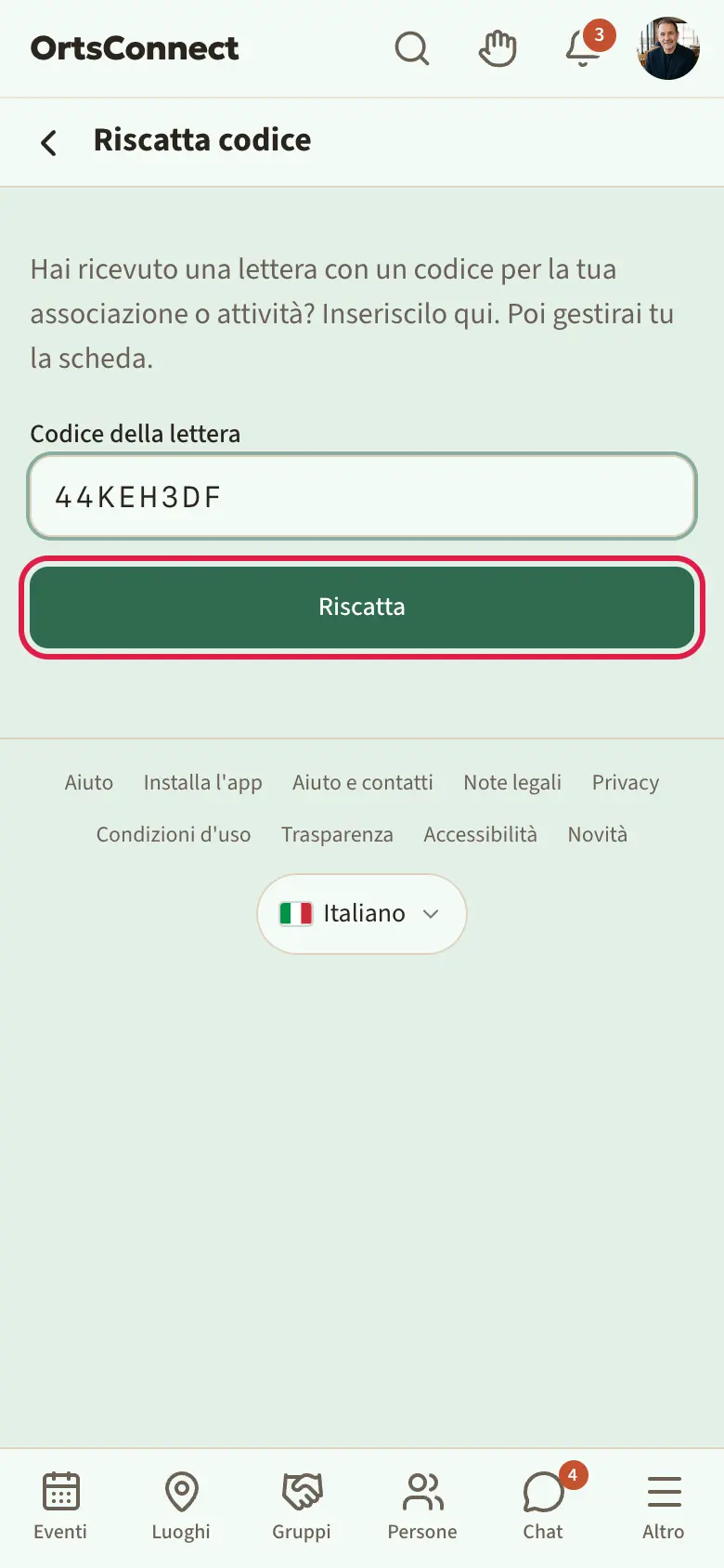 Pagina «Riscatta codice», campo «Codice della lettera» con il codice inserito, pulsante «Riscatta» evidenziato