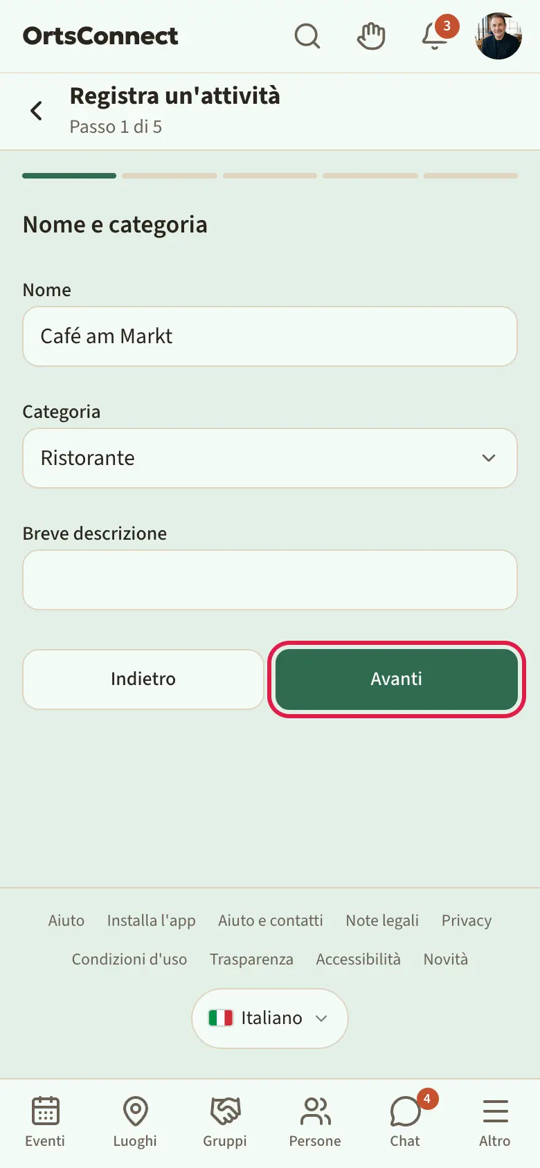 Procedura guidata «Aggiungi attività» al primo passo «Nome e categoria» con il nome inserito e la categoria scelta, barra di avanzamento in alto, pulsanti «Indietro» e «Avanti» in basso, «Avanti» evidenziato