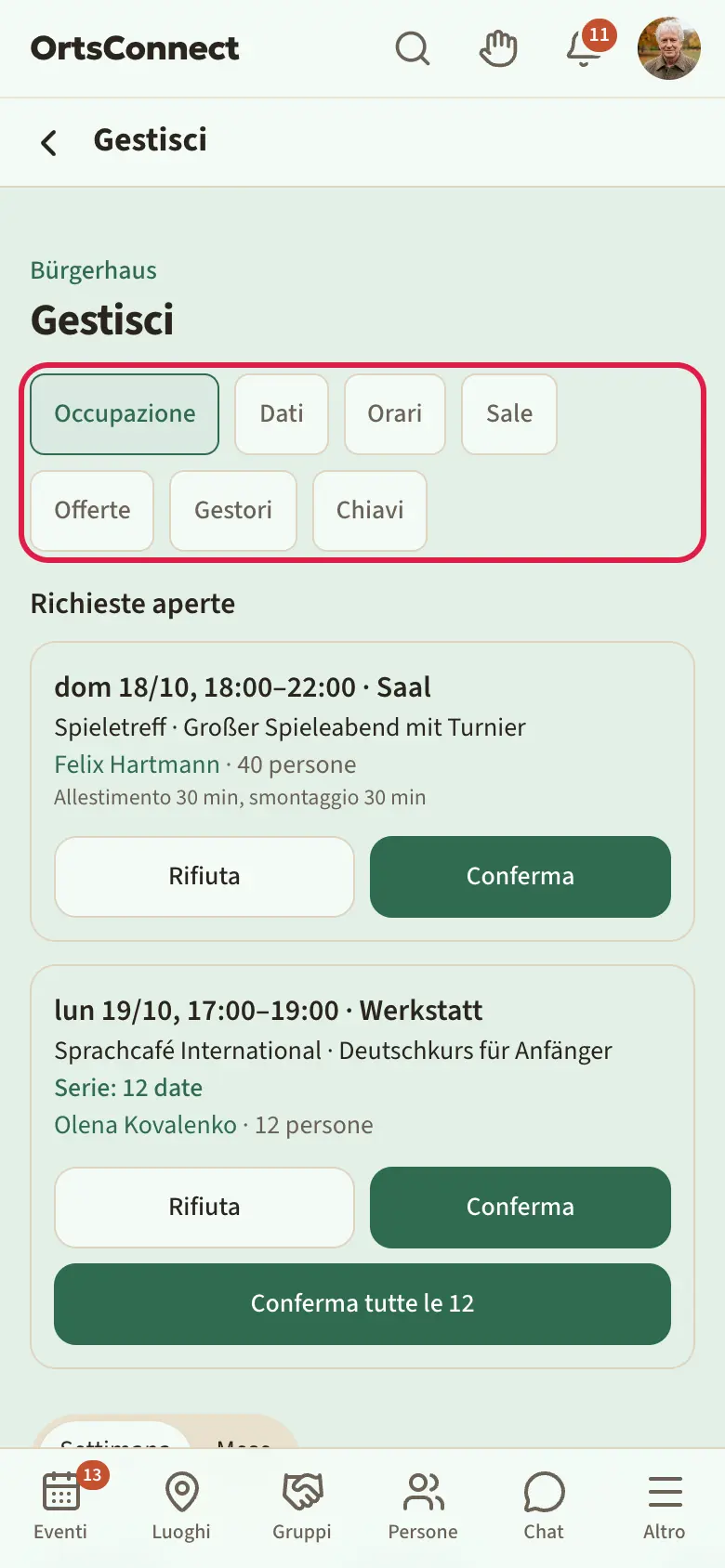 Gestione di un luogo, schede «Occupazione · Dati · Orari · Sale · Offerte · Gestori» evidenziate