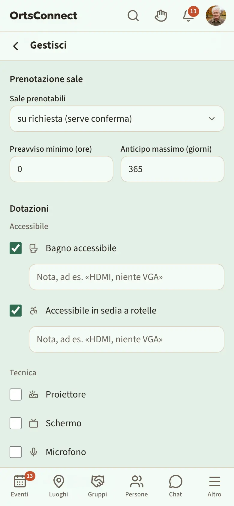 Gestione › Dati, sezione «Prenotazione sale» con la scelta «Sale prenotabili» su «su richiesta (serve conferma)», sotto «Preavviso minimo (ore)» e «Anticipo massimo (giorni)»