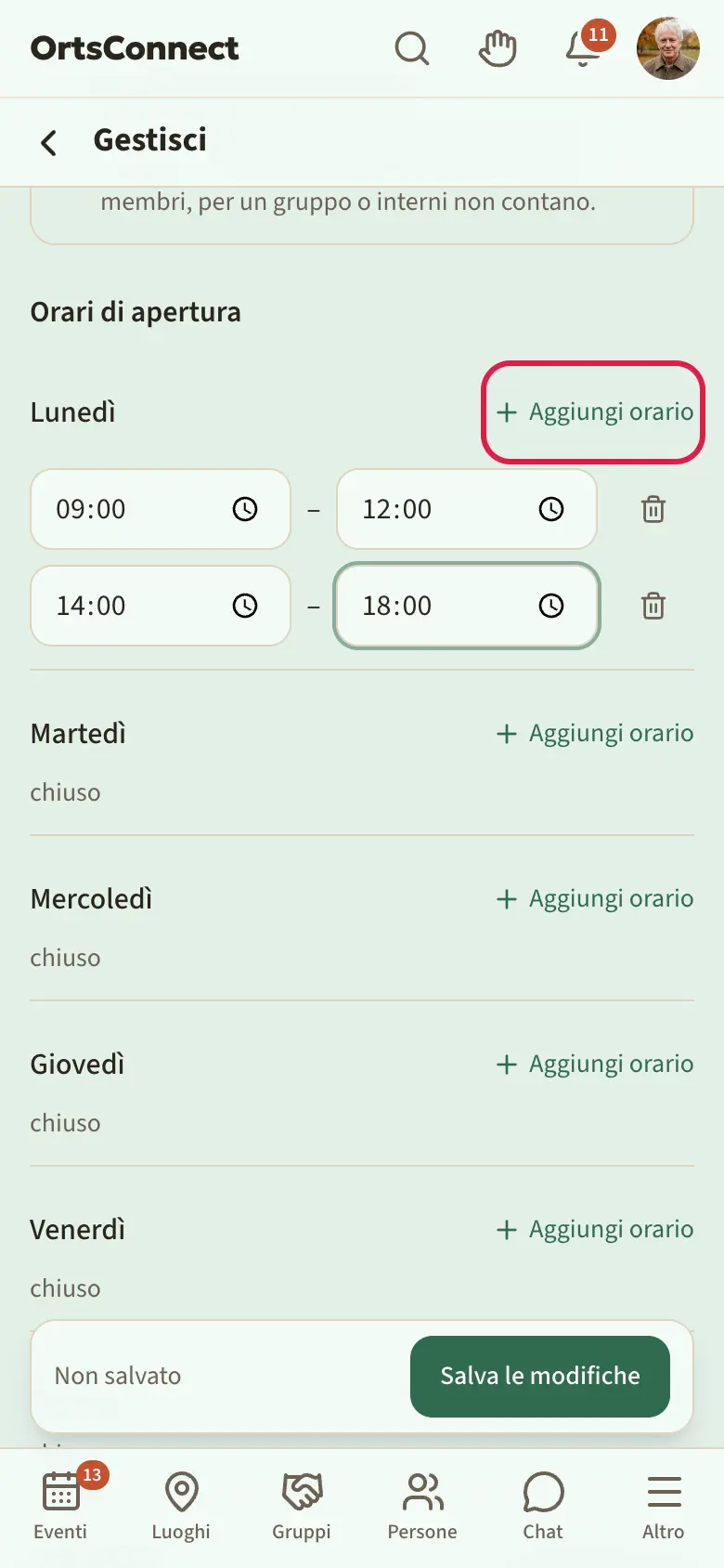 Gestione › Orari, lunedì con due fasce orarie (mattina e pomeriggio), domenica «chiuso», pulsante «Aggiungi orario» evidenziato