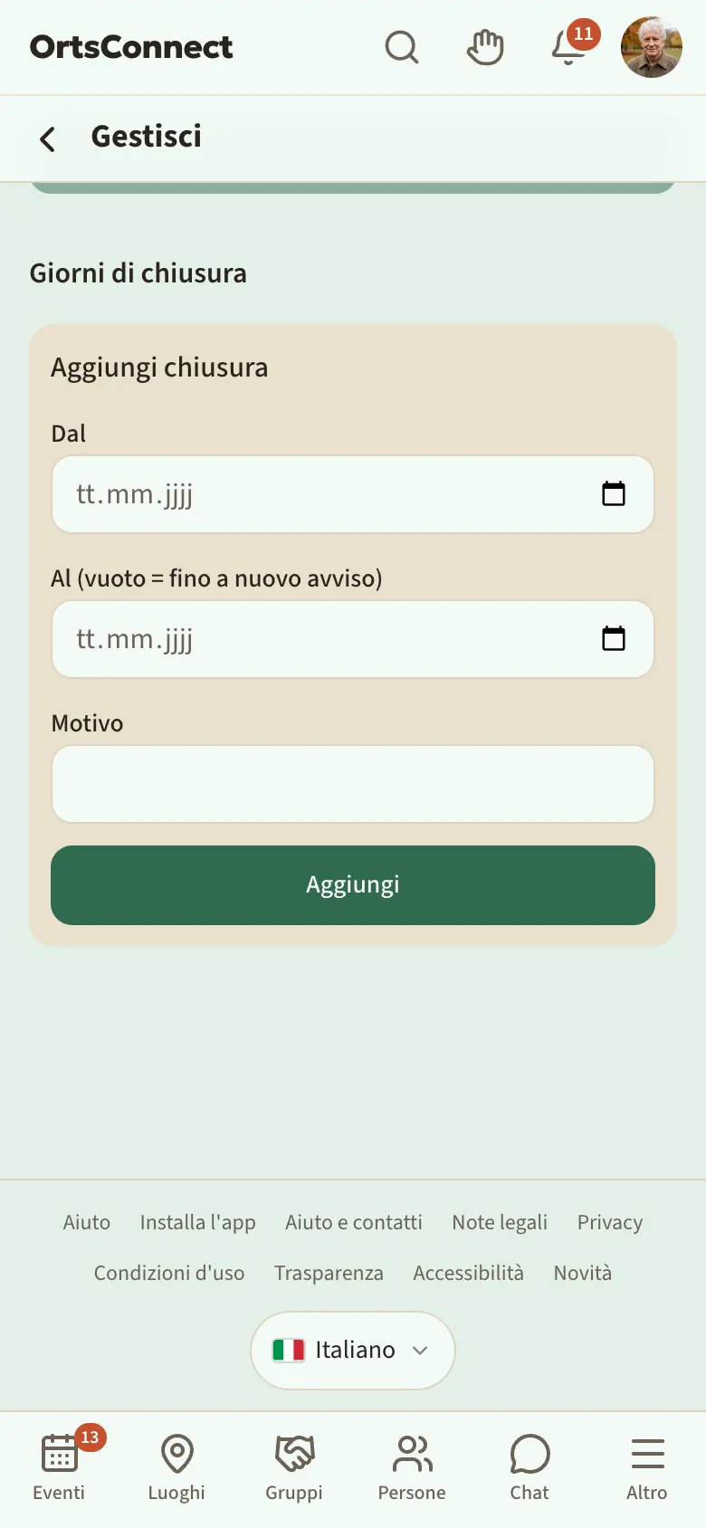 Gestione › Orari, sezione «Giorni di chiusura» con una voce «Chiuso dal … al …» e il motivo, sotto il riquadro compilato «Aggiungi chiusura»