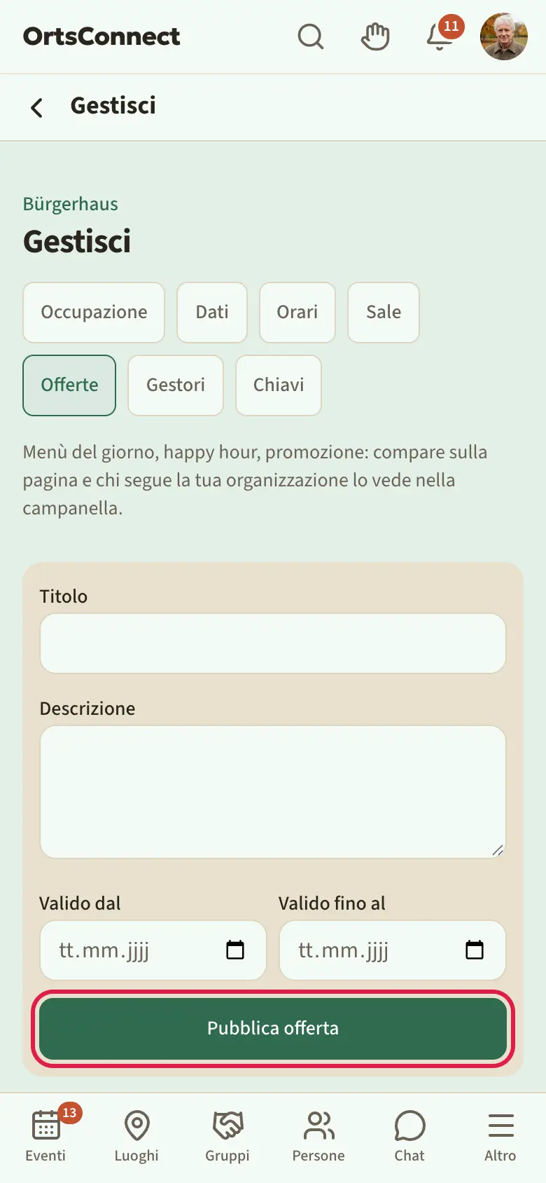 Gestione › Offerte, in alto un'offerta esistente con periodo e simbolo del cestino, sotto il modulo compilato con il pulsante «Pubblica offerta»
