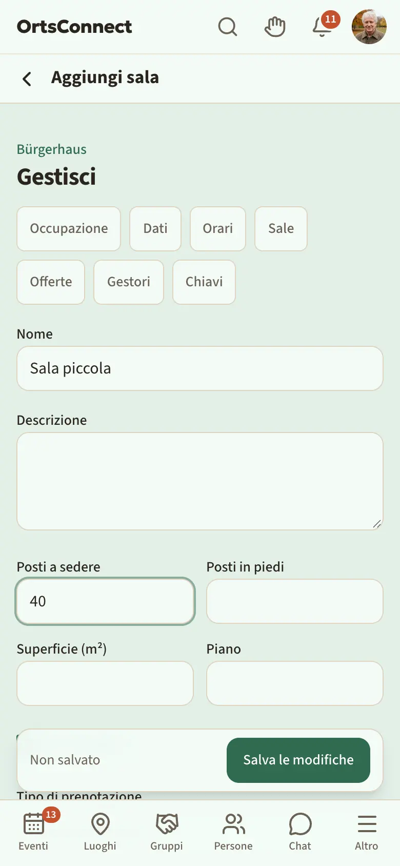 Gestione › Sale › Aggiungi sala, compilato con nome, posti a sedere, superficie, spunta «Prenotabile», «Tipo di prenotazione: come per il luogo» e prezzo all'ora