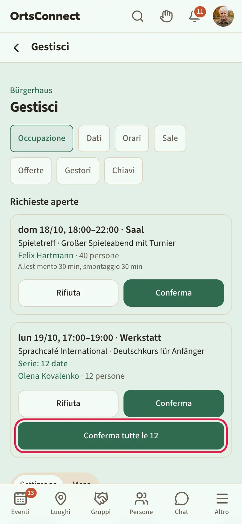Gestione › Occupazione, richiesta con l'indicazione «Serie: 12 date» e il pulsante largo «Conferma tutte le 12» evidenziato