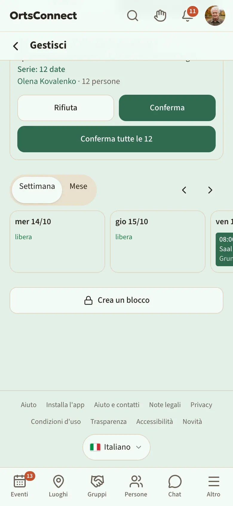 Gestione › Occupazione, vista settimanale con tre colonne di giorni, un blocco confermato (colorato pieno) e uno richiesto (con bordo tratteggiato); selettore «Settimana · Mese» evidenziato