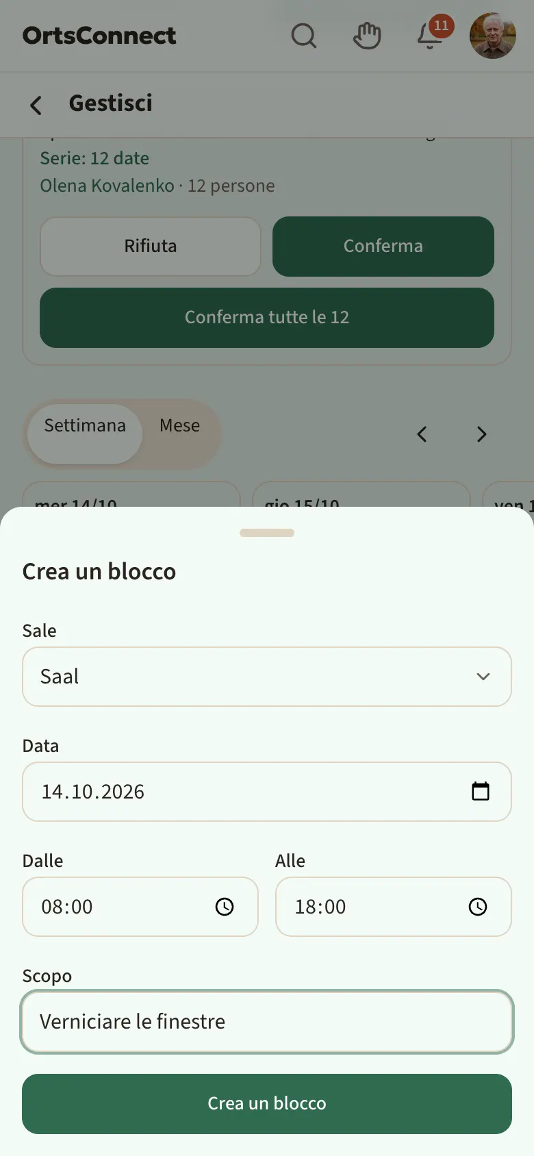 finestra «Crea un blocco» aperta con sala, data, dalle, alle e scopo compilati