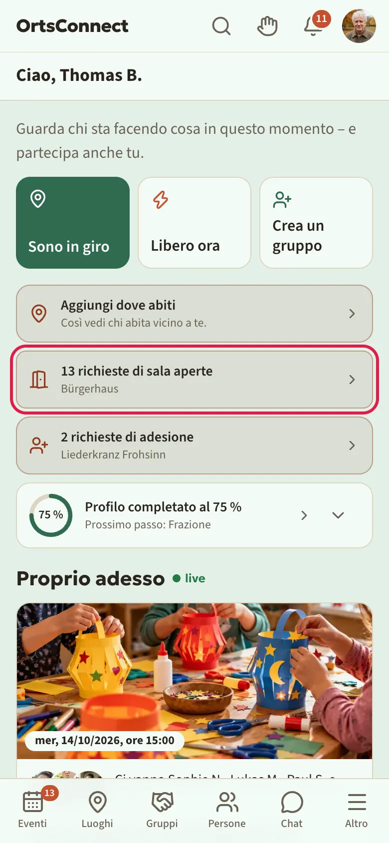 Sezione «Home» con il riquadro «2 richieste di sala aperte» e sotto il nome del luogo, riquadro evidenziato