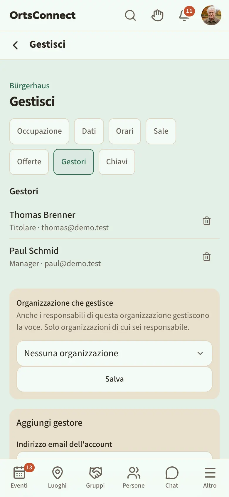 Gestione › Gestori, elenco con due gestori (titolare e manager), sotto il riquadro «Organizzazione che gestisce» e il riquadro «Aggiungi gestore» con il campo e-mail