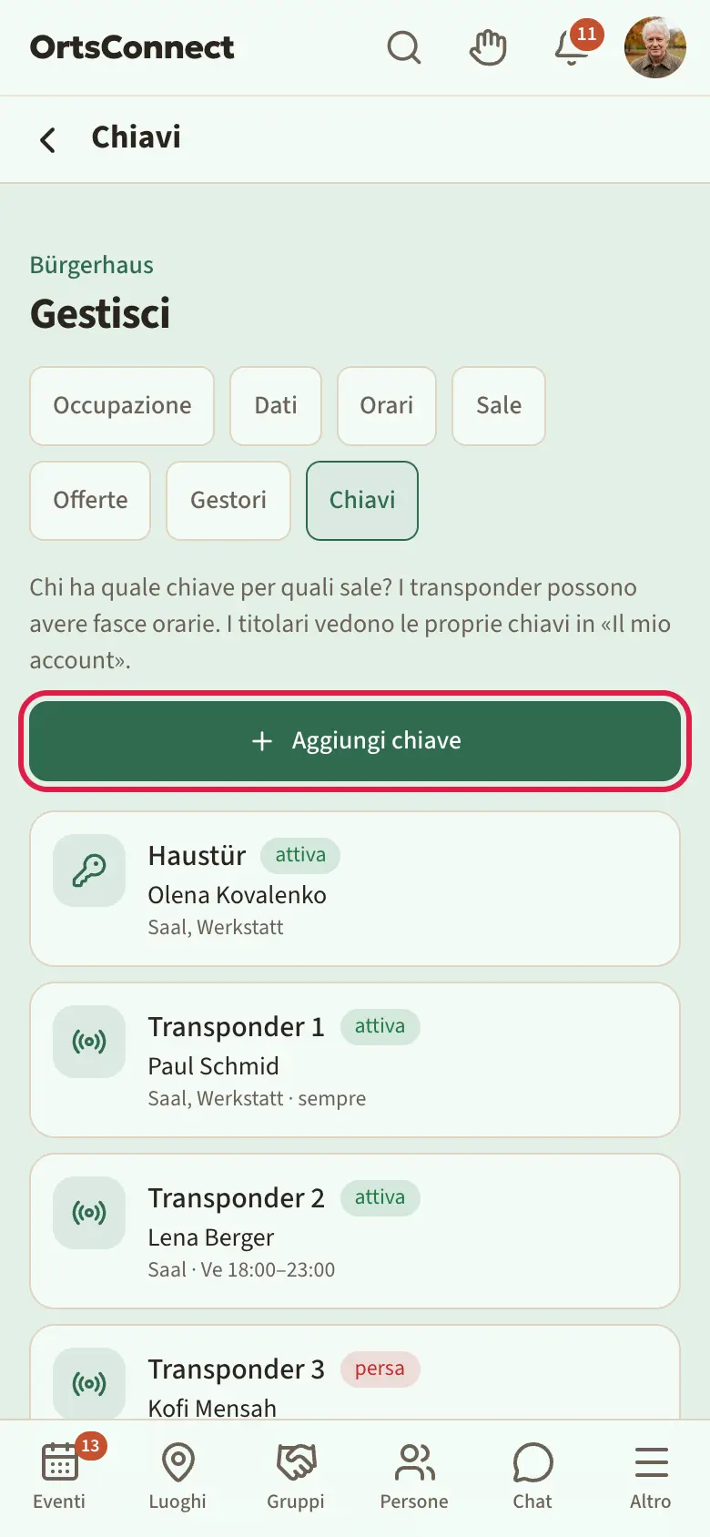 Gestione › Chiavi: scheda «Chiavi» attiva, elenco con transponder e una chiave (titolare, sale, «sempre» o fasce orarie, stato «attiva» e «persa», una «non consegnata»), pulsante «Aggiungi chiave» evidenziato