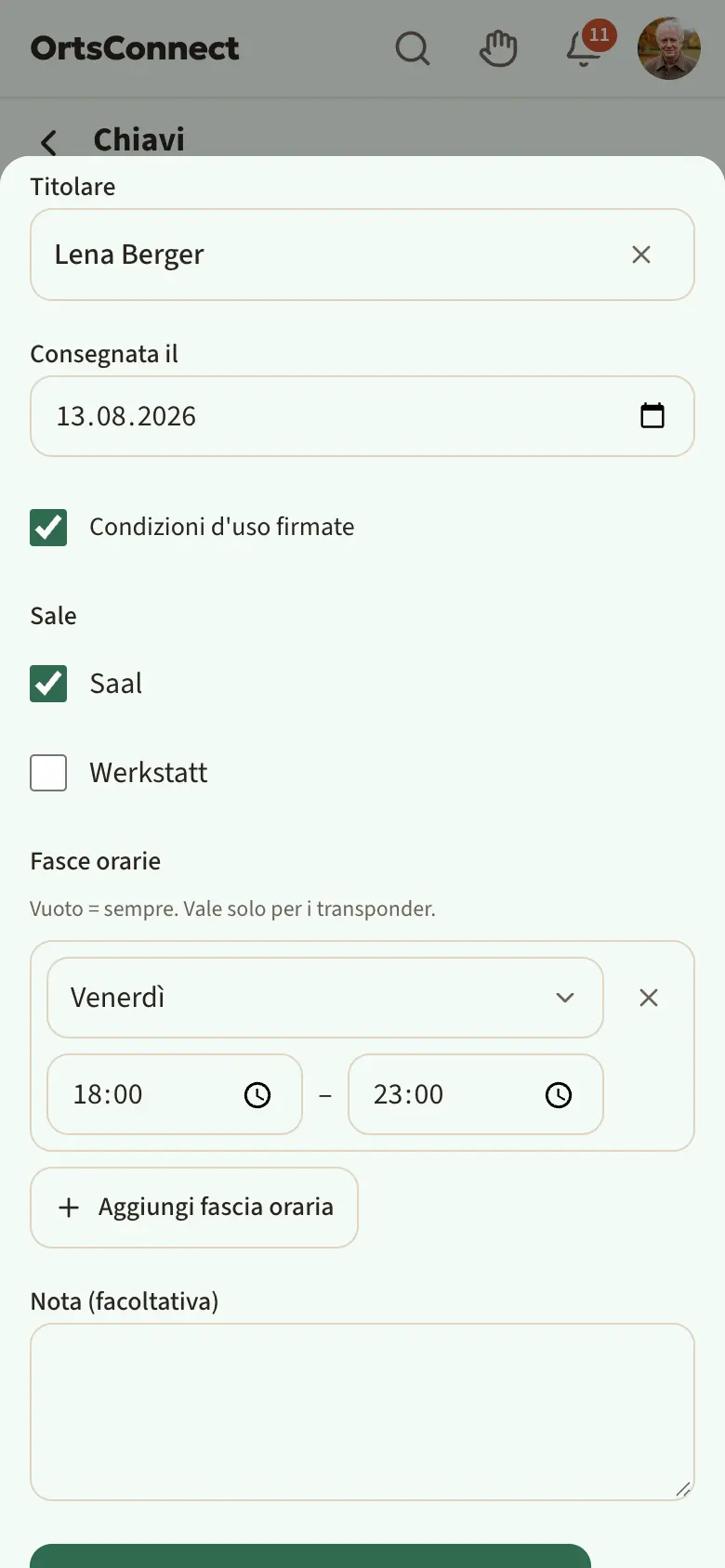 Finestra «Modifica chiave» di «Transponder 2», scorsa fino alle sale: titolare, consegnata il, sale (sala spuntata) e fascia oraria venerdì 18:00–23:00