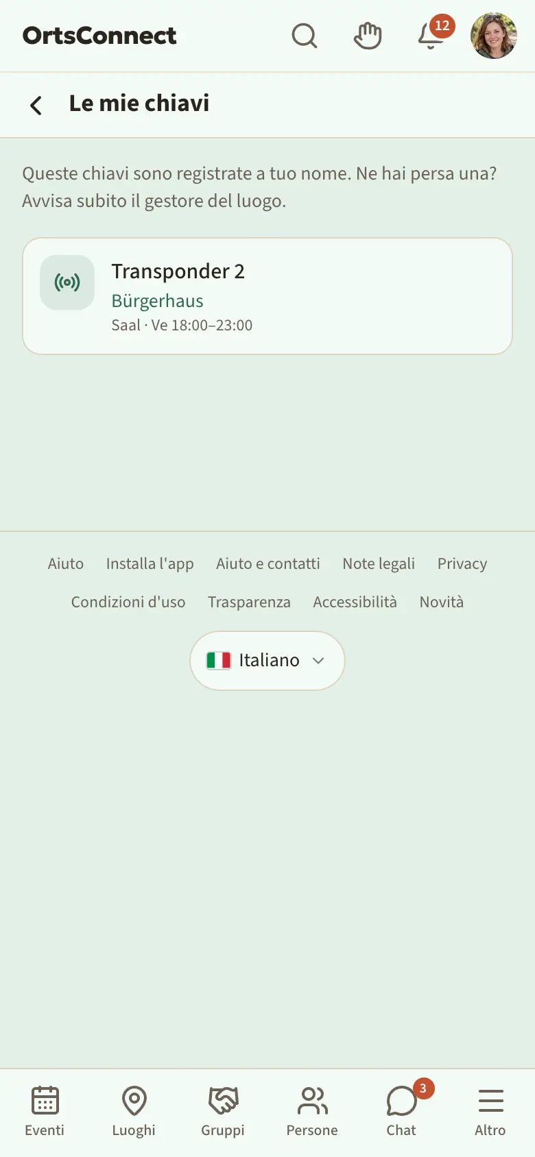 Pagina «Le mie chiavi» (menu dell'avatar): «Transponder 2» nel Bürgerhaus, sala, ven 18:00–23:00