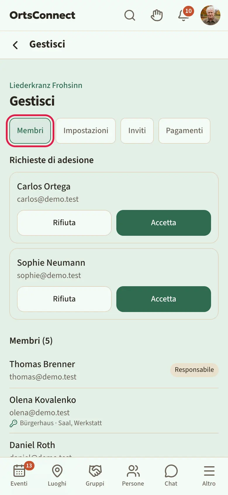 Pagina di gestione di un'organizzazione con le schede «Membri», «Impostazioni», «Inviti», «Pagamenti»; «Membri» attiva