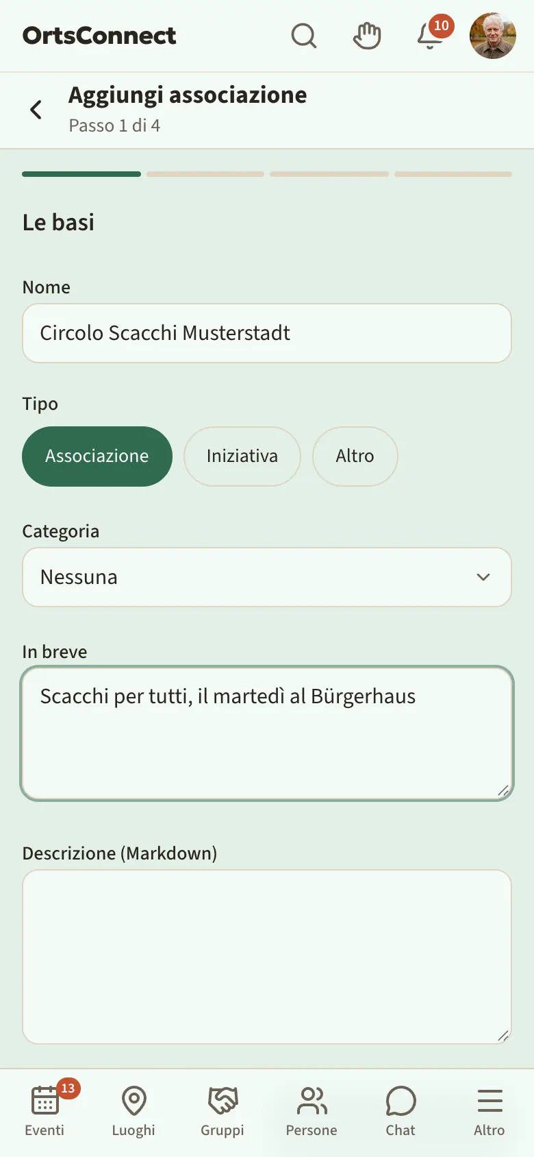 Procedura «Aggiungi associazione», passo 1 «Le basi», tipo «Associazione» selezionato, campi Nome, Categoria e In breve compilati