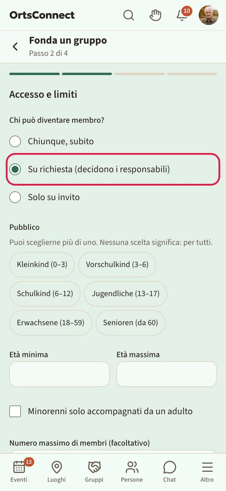 Procedura passo 2 «Accesso e limiti» con le tre opzioni sotto «Chi può diventare membro?», «Su richiesta (decidono i responsabili)» selezionata
