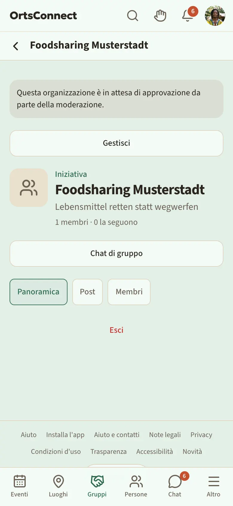 Pagina di una nuova organizzazione con l'avviso colorato «Questa organizzazione è in attesa di approvazione da parte della moderazione.»