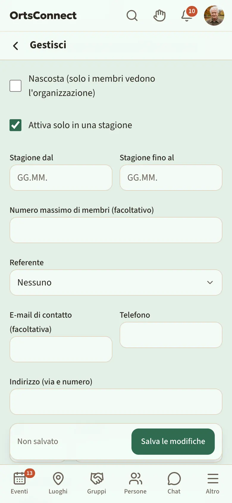 Impostazioni con la spunta «Attiva solo in una stagione» e i campi «Stagione dal» e «Stagione fino al» compilati