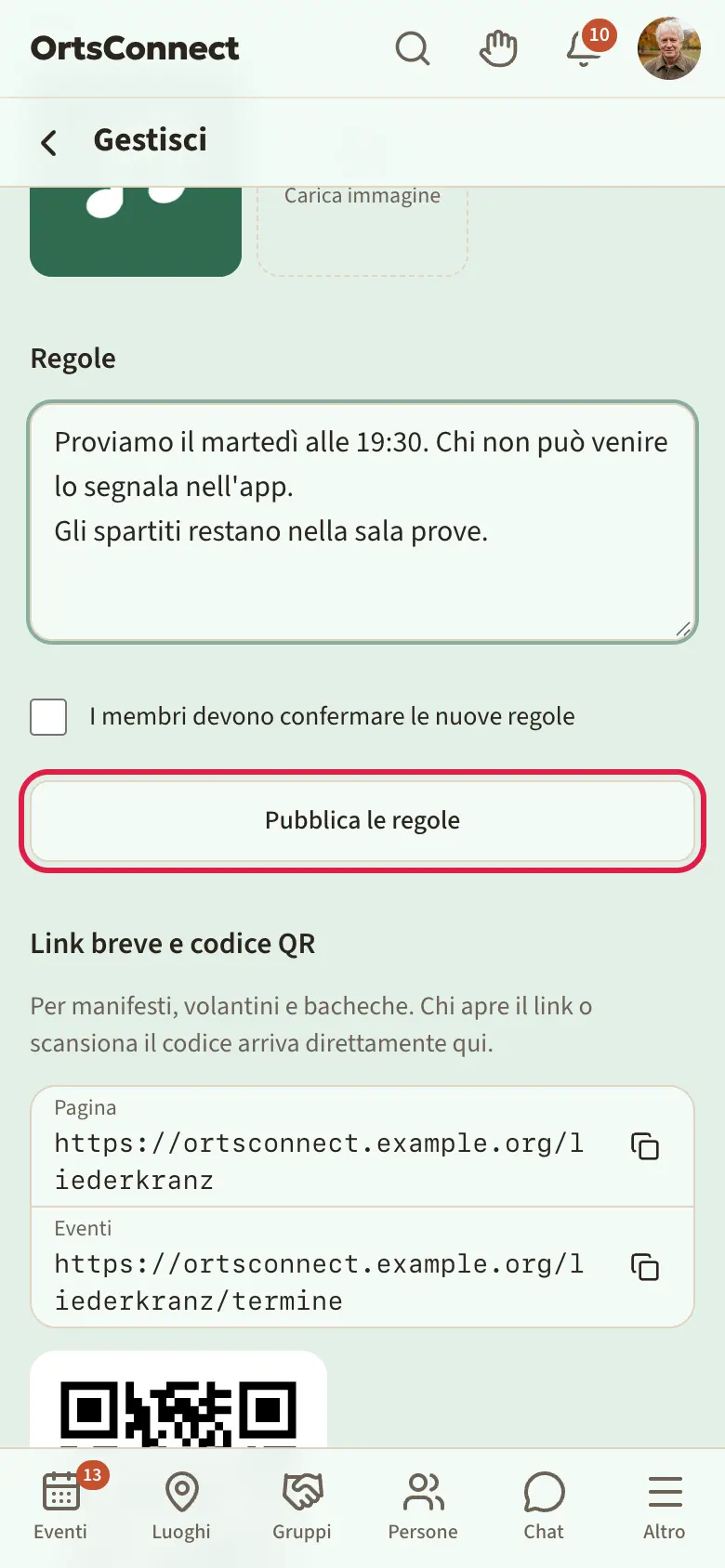 Impostazioni, sezione «Regole» con numero di versione, campo di testo, spunta «I membri devono confermare le nuove regole» e pulsante «Pubblica le regole»