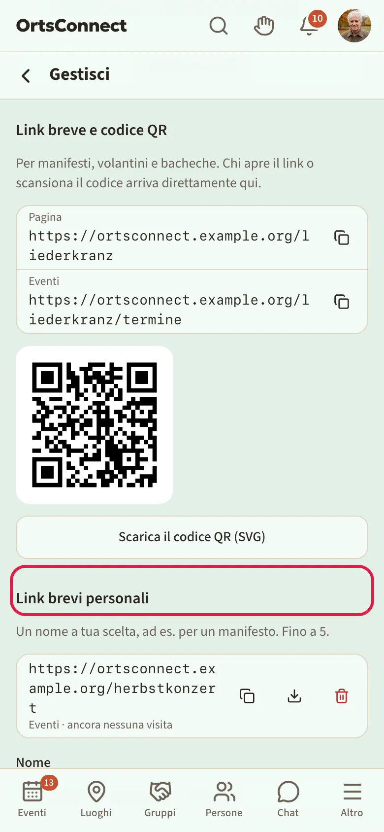 Impostazioni, sezione «Link breve e codice QR» con pagina ed eventi, codice QR, un link breve personale «herbstkonzert» e il modulo «Crea link breve»