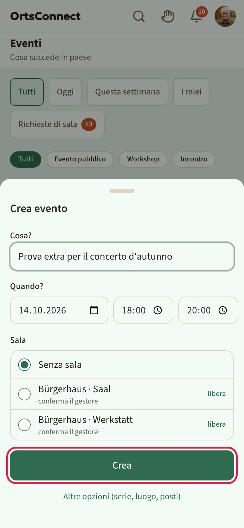 Elenco eventi con la finestra «Crea evento» aperta: campi «Cosa?», «Quando?», elenco delle sale con il loro stato; pulsante «Crea» evidenziato