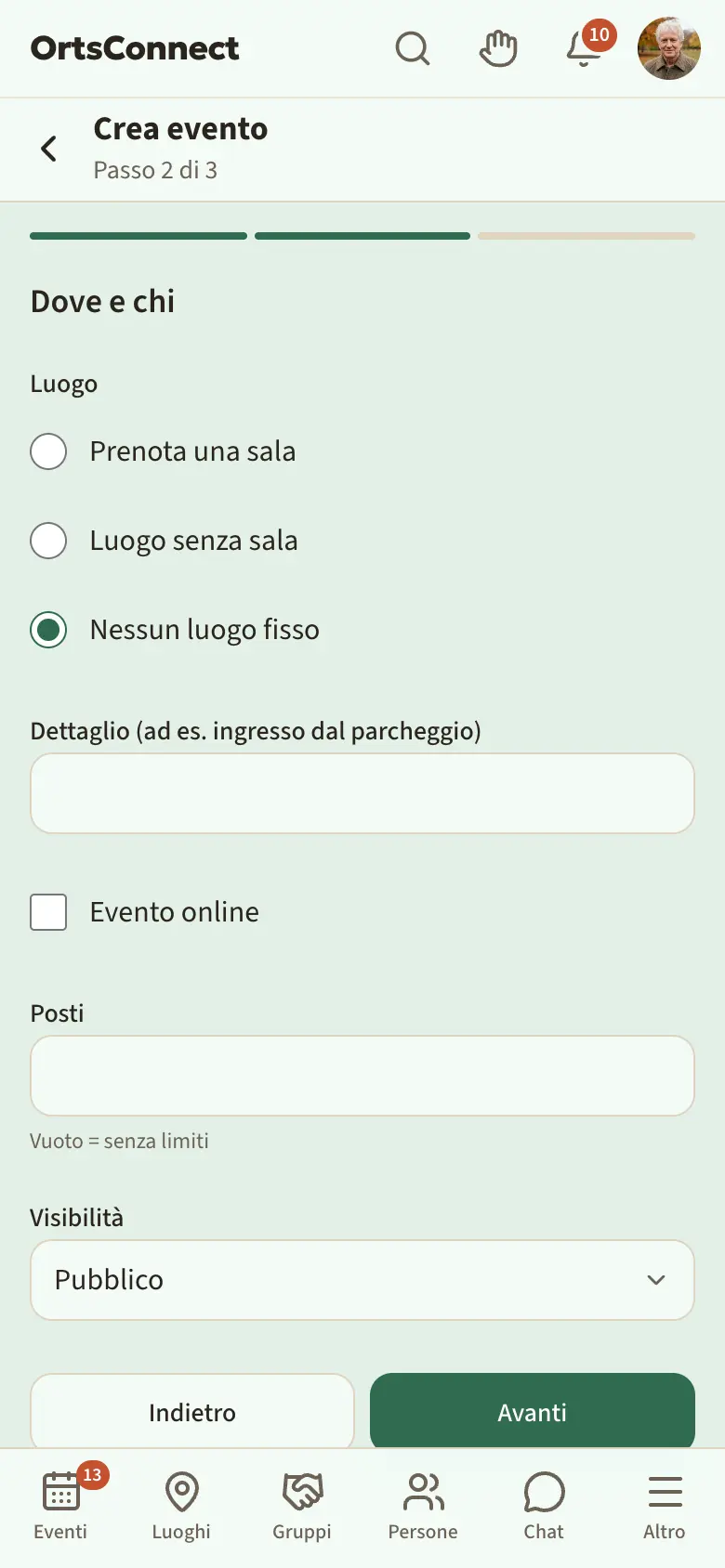 Procedura «Crea evento», passo 2 «Dove e chi» con la scelta «Prenota una sala» / «Luogo senza sala» / «Nessun luogo fisso», posti e visibilità