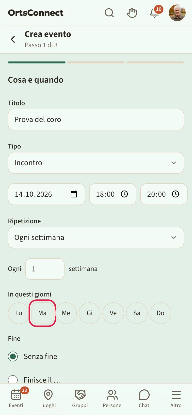 Procedura passo 1 con ripetizione «Ogni settimana», «Ogni» con il numero 1 e «settimane», martedì evidenziato e sotto «Fine» la scelta «Senza fine» / «Finisce il …»
