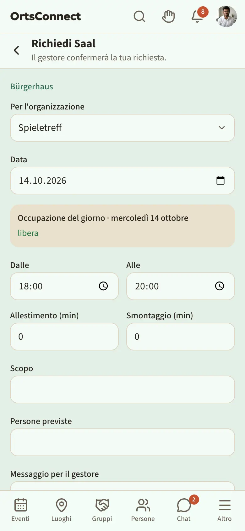Pagina «Richiedi …» con organizzazione, data, occupazione del giorno, Dalle/Alle, allestimento/smontaggio, scopo e pulsante «Invia richiesta»
