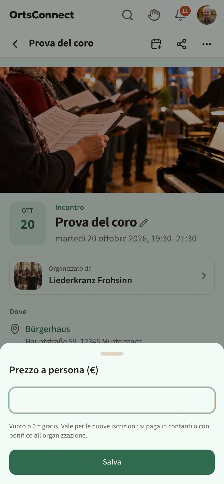 Pagina dell'evento vista da responsabile con la finestra aperta «Prezzo a persona (€)» e un testo di avviso sotto