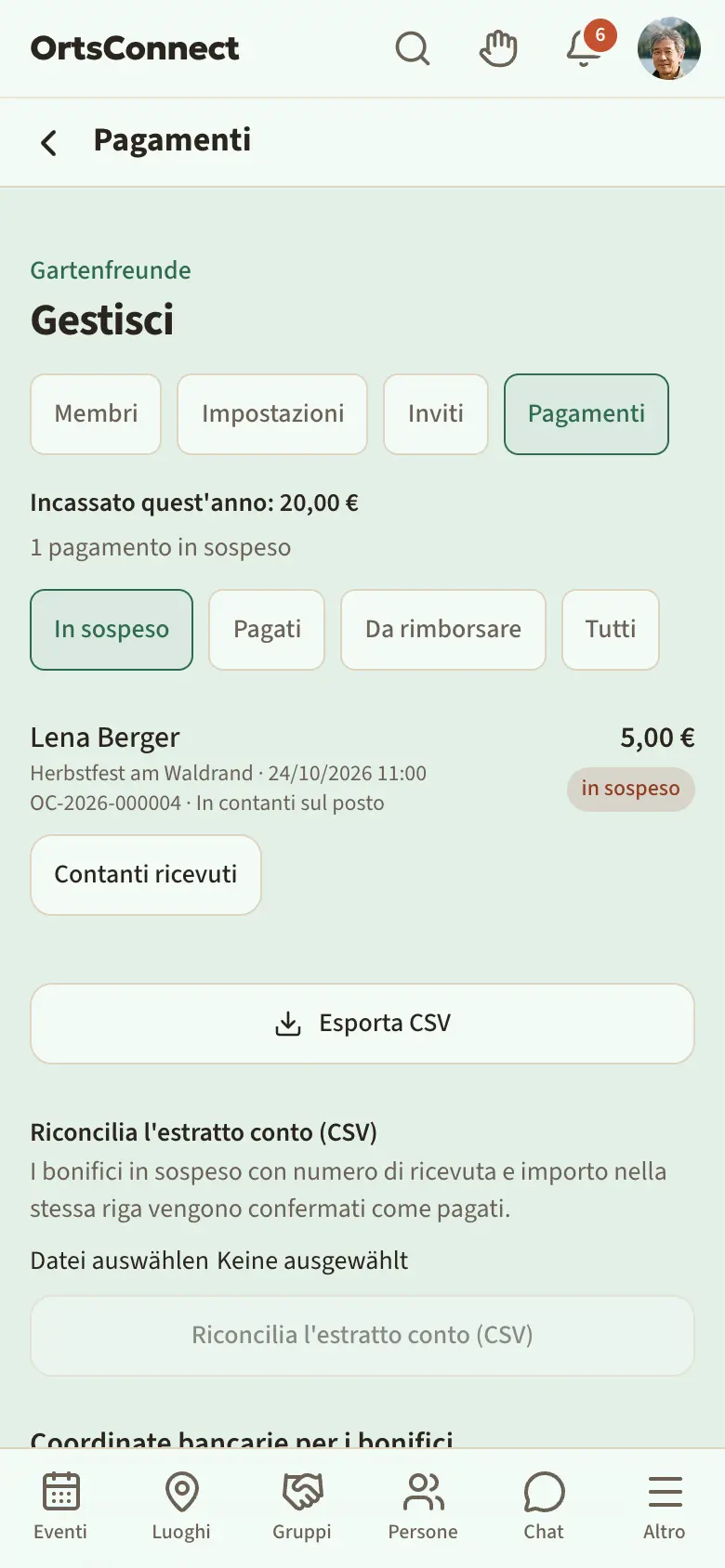 Gestisci › Pagamenti con gli incassi dell'anno in alto, filtro «In sospeso» attivo e un pagamento con i pulsanti «Contanti ricevuti» e «Bonifico ricevuto»