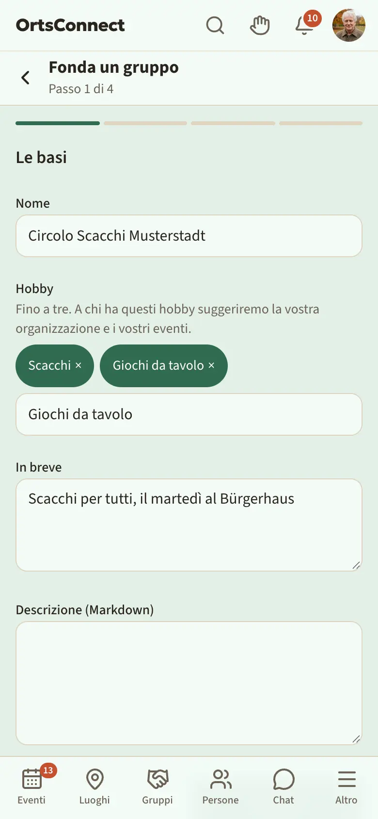 Procedura «Fonda un gruppo», passo 1 «Le basi» con il nome compilato e due hobby scelti sotto «Hobby», sotto il campo «Cerca hobby …»