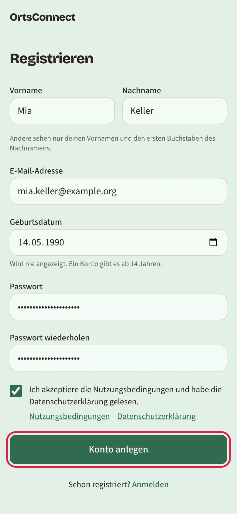 Seite „Registrieren“ auf dem Handy, ausgefüllt mit Beispielnamen (Vorname, Nachname, E-Mail, Geburtsdatum, Passwort), Häkchen bei den Nutzungsbedingungen gesetzt, Knopf „Konto anlegen“ markiert