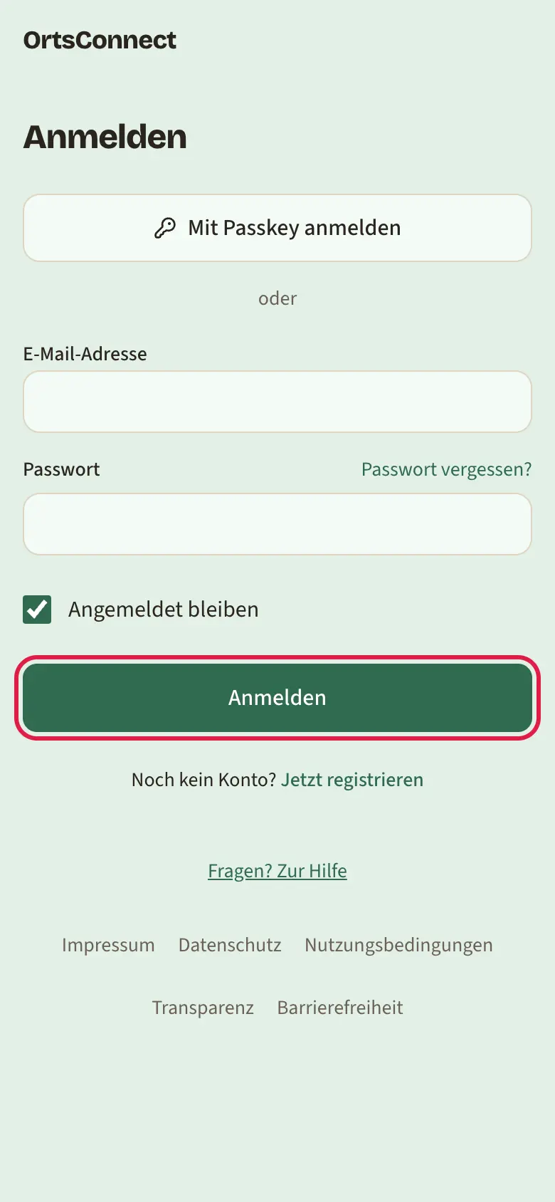 Seite „Anmelden“ mit dem Knopf „Mit Passkey anmelden“ oben, darunter „oder“ und die Felder für E-Mail-Adresse und Passwort, Knopf „Anmelden“ markiert