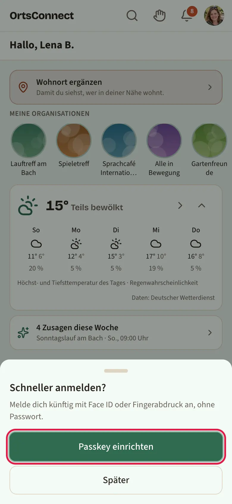 eingeblendetes Fenster „Schneller anmelden?“ über der Startseite, mit den Knöpfen „Passkey einrichten“ (markiert) und „Später“