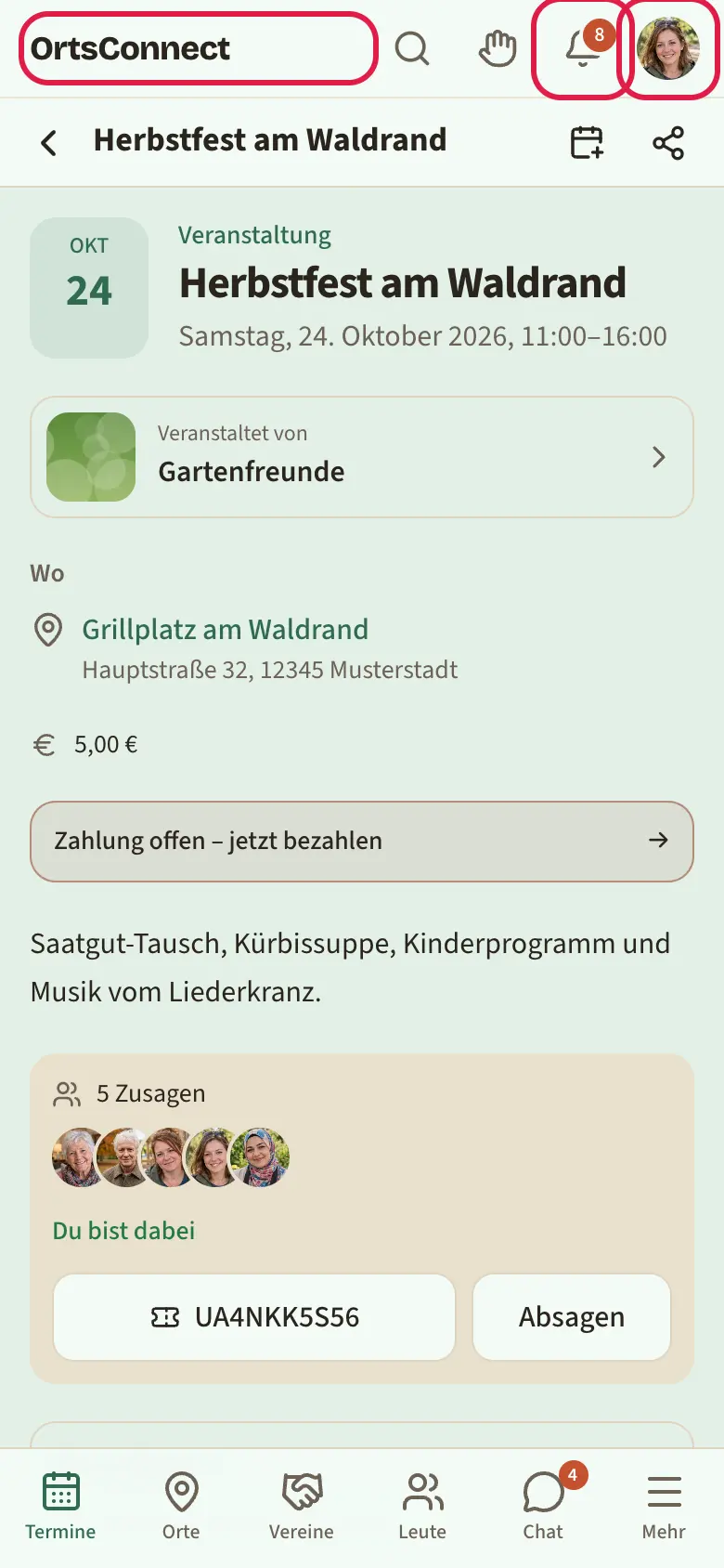 obere Kopfzeile einer Termin-Seite: Logo links, Lupe, Glocke mit Zahl 3, Avatar-Kreis rechts; darunter der Seitenkopf mit Zurück-Pfeil, Titel und den Symbolen für Teilen und weitere Aktionen; Logo, Glocke und Avatar markiert