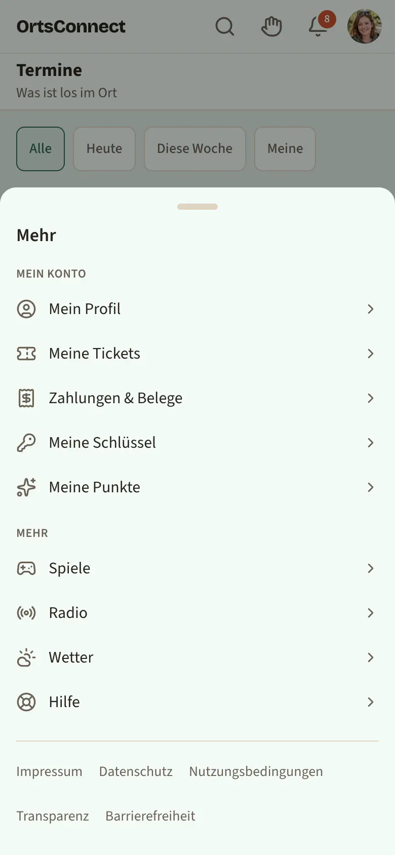 untere Leiste mit Termine, Treffpunkte, Gruppen, Leute, Chat, Mehr; „Termine“ ist aktiv hervorgehoben, am Chat-Symbol eine Zahl 2; daneben das geöffnete Fenster „Mehr“ mit dem Block „Mein Konto“ (Mein Profil, Meine Tickets, Zahlungen & Belege), darunter Hilfe