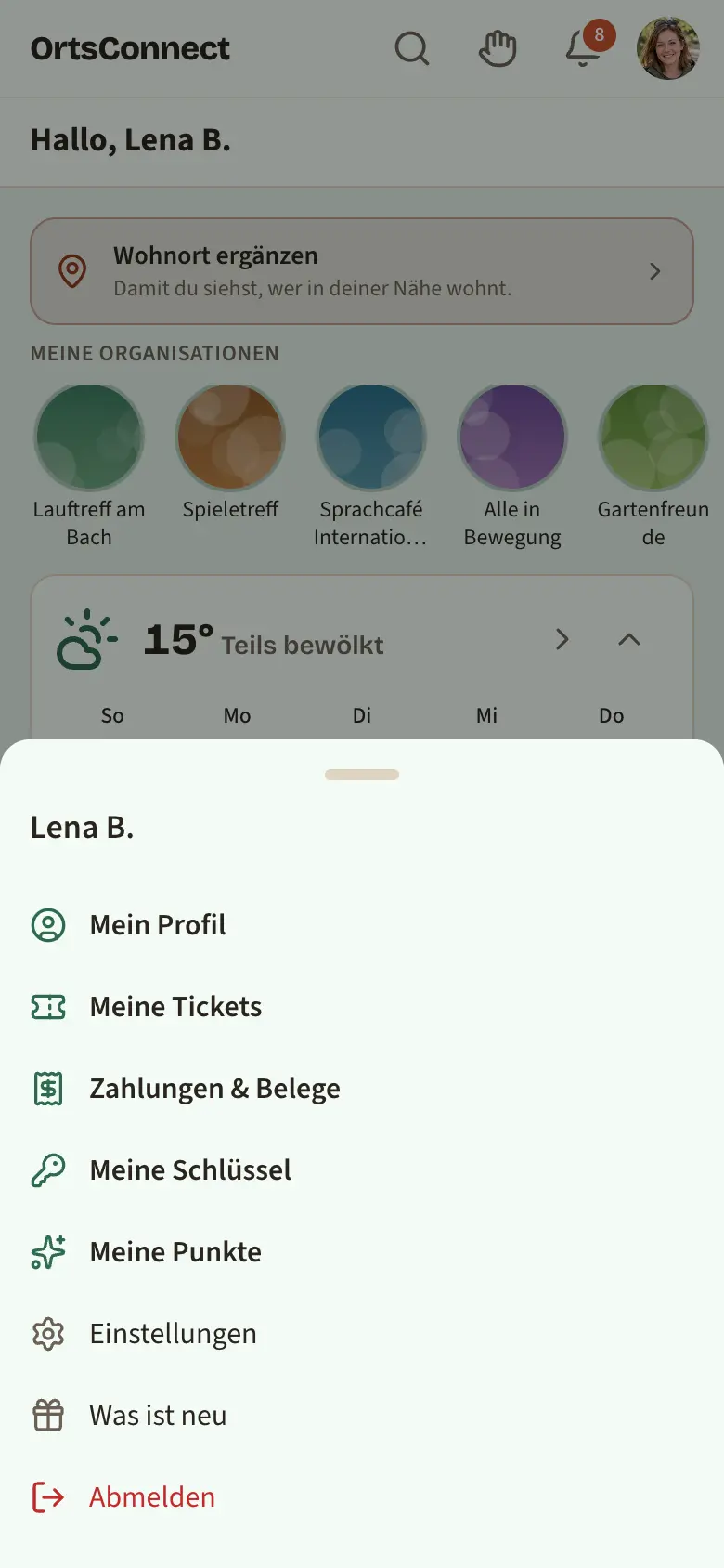 geöffnetes Avatar-Menü mit Namen oben, darunter Mein Profil, Meine Tickets, Zahlungen & Belege, dann Einstellungen, Was ist neu und Abmelden (rot)