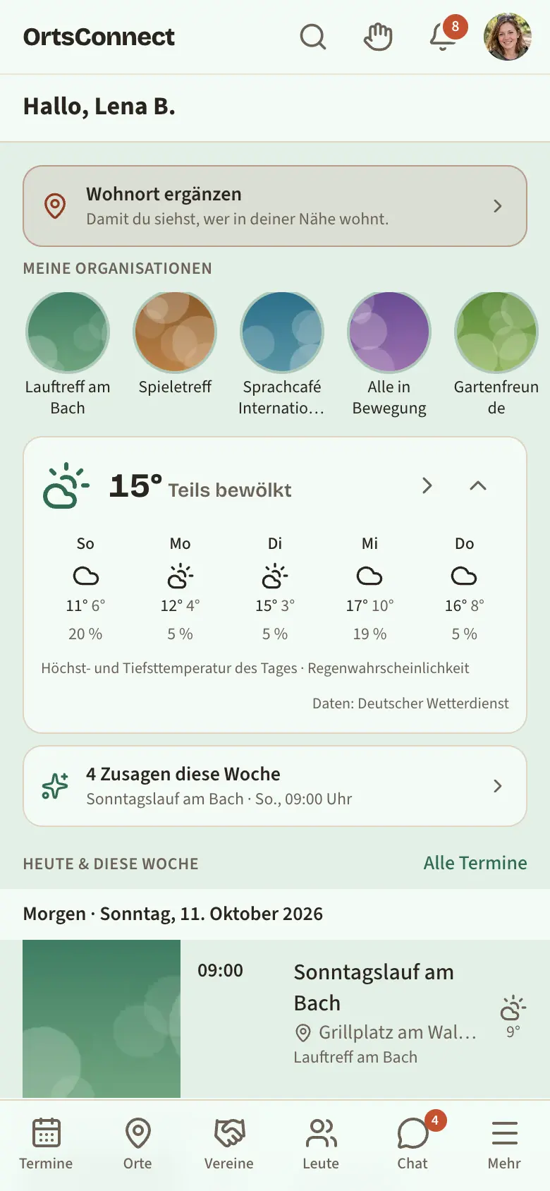 Start-Bereich mit „Hallo, Anna M.“, einer Kachel „Deine Zusage diese Woche“, darunter die Überschriften „Heute & diese Woche“ (mit Link „Alle Termine“) und „Für dich“ mit je zwei Einträgen